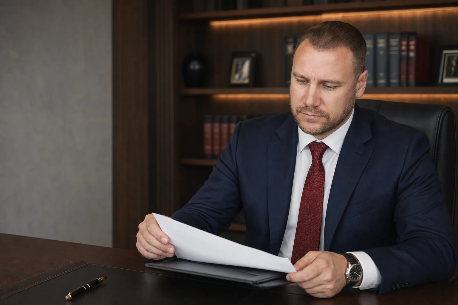 Сергей Кисаров изучает документы в рабочем кабинете